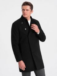 Płaszcz męski z asymetrycznym zapięciem - czarny V2 OM-COWC-0102 - XL. Czarne płaszcze męskie Ombre Clothing, l, bez wzorów, z poliesteru. W wyprzedaży za 199.99 zł.
