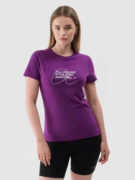 4F T-shirt slim z nadrukiem damski - fioletowy S. Fioletowe t-shirty damskie 4f, s, bez wzorów, z bawełny, bez kołnierzyka. Za 29.99 zł.