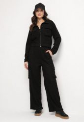 Czarny Komplet Dresowy w Stylu Cargo Bluza ze Stójką i Szerokie Spodnie Arritarra. Czarne bluzy bez kaptura damskie Born2be, m, z dresówki. Za 84.99 zł.