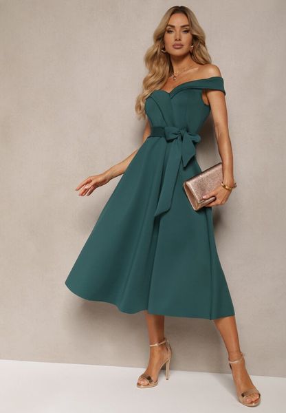 Zielona Sukienka Wieczorowa Hiszpanka z Materiałowym Paskiem Yellia. Zielone sukienki damskie Renee, na imprezę, l, bez wzorów, z materiału, wizytowe, bez kołnierzyka, bez ramiączek, midi, z odkrytymi ramionami. Za 139.99 zł.