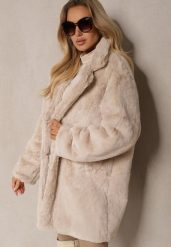 Beżowy Klasyczny Płaszcz Futrzany Vennira. Brązowe płaszcze damskie Renee, l, bez wzorów, z futra, eleganckie. Za 189.99 zł.