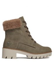 Rieker Botki X5718-52 Khaki. Brązowe botki damskie Rieker, ze skóry, bez obcasa, na słupku, bez zapięcia. Za 309.99 zł.