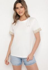 Biały T-shirt z Bawełny Zdobiony Koronką z Cekinami Pollea. Białe t-shirty damskie Born2be, m, z aplikacjami, z bawełny, bez kołnierzyka. Za 49.99 zł.