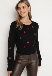 Czarny Sweter z Wiskozą Ozdobiony Haftem z Wisienkami Vaithna. Czarne swetry klasyczne damskie Born2be, s, z jeansu, bez kołnierzyka. Za 109.99 zł.