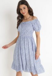 Niebieska Bawełniana Sukienka Hiszpanka w Kwiatki Rutani. Niebieskie sukienki damskie Born2be, na imprezę, na lato, m, bez wzorów, z bawełny, eleganckie, bez kołnierzyka, bez ramiączek, midi. W wyprzedaży za 43.99 zł.