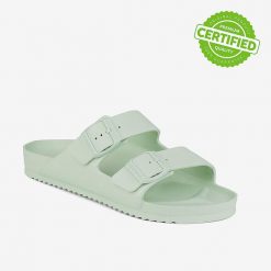Klapki damskie Coqui z anatomiczną wkładką. Zielone klapki damskie Coqui, bez wzorów, bez obcasa, na płaskiej podeszwie. Za 125.99 zł.