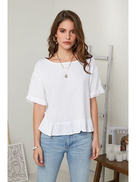 Rodier Lin Lniana bluzka w kolorze białym rozmiar: XL/XXL. Białe bluzki damskie Rodier Lin, xl, bez wzorów, ze lnu, bez kołnierzyka, bez ramiączek. Za 92.95 zł.