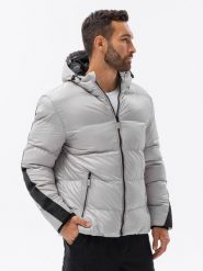 Kurtka męska zimowa pikowana z lampasem - jasnoszara V10 - Rozmiar: M. Szare kurtki męskie Ombre Clothing, na zimę, l, bez wzorów, sportowe, bez kaptura. W wyprzedaży za 109.99 zł.