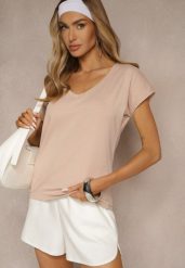 Beżowy T-shirt z Bawełny z Dekoltem w Serek Linithiela. Brązowe t-shirty damskie Renee, xs, bez wzorów, z bawełny, bez kołnierzyka. Za 44.99 zł.