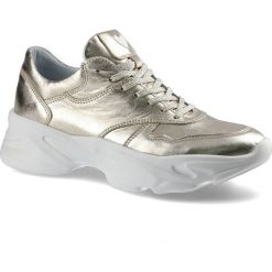 Złote Sneakersy Chebello Damskie Skórzane Obuwie. Żółte buty sportowe na co dzień damskie CheBello, z aplikacjami, ze skóry. Za 265.00 zł.