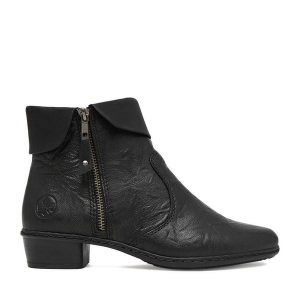 Botki Rieker. Czarne botki damskie Rieker, bez obcasa, na słupku, bez zapięcia. Za 399.99 zł.