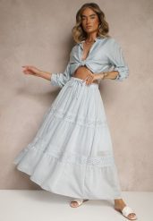 Jasnoniebieska Rozkloszowana Spódnica z Wiskozą Zdobiona Koronką Bannela. Niebieskie spódniczki damskie Renee, m, z aplikacjami, z koronki, eleganckie, maxi, dopasowane. Za 99.99 zł.