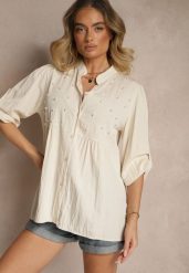 Beżowa Koszula z Wiskozą i Perełkami Tanathiel. Brązowe koszule damskie Renee, z aplikacjami, z jeansu, eleganckie, bez kołnierzyka, bez ramiączek. Za 59.99 zł.