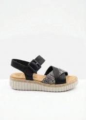 Wygodne sandały na koturnie, z wyściełaną wkładką, marki Riekier. Czarne sandały damskie bonprix, bez wzorów, bez obcasa, na koturnie. Za 289.99 zł.