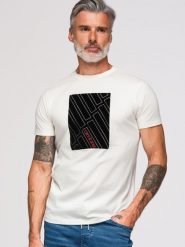 Męski T-shirt bawełniany z geometrycznym nadrukiem - biały V1 - Rozmiar: M. Białe t-shirty męskie Ombre Clothing, m, z aplikacjami, z bawełny, bez kołnierzyka. W wyprzedaży za 59.99 zł.