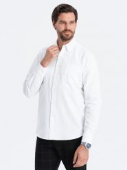 Bawełniana koszula męska Oxford z kieszonką REGULAR – biała V1. Białe koszule męskie Ombre Clothing, l, z aplikacjami, z bawełny, bez kołnierzyka, bez ramiączek. W wyprzedaży za 49.99 zł.