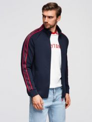 Bluza męska rozpinana z lampasami i wysoką stójką – granatowa V3 - Rozmiar: XL. Niebieskie bluzy bez kaptura męskie Ombre Clothing, m, z bawełny. Za 209.99 zł.