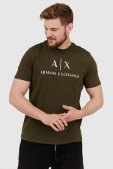 ARMANI EXCHANGE Oliwkowy t-shirt męski z białym logo. Zielone t-shirty męskie Armani Exchange, l, bez wzorów, prążkowane, bez kołnierzyka. W wyprzedaży za 159.99 zł.