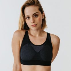 Stanik sportowy Decathlon. Zielone biustonosze sportowe damskie KALENJI, bez wzorów, z elastanu. Za 29.99 zł.