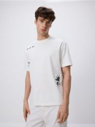 T-shirt boxy z haftem - złamana biel. T-shirty męskie Reserved, l, bez wzorów, z bawełny, bez kołnierzyka. W wyprzedaży za 45.99 zł.