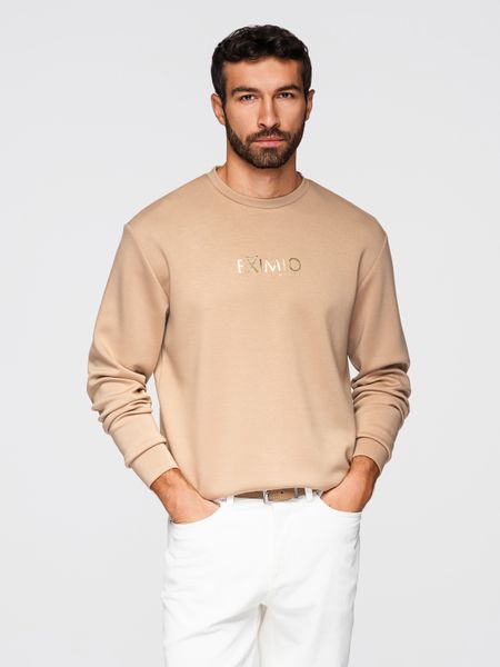 Bluza męska regular z błyszczącym printem na klatce piersiowej - beżowa V3 - Rozmiar: XXL. Brązowe bluzy bez kaptura męskie Ombre Clothing, m, z dzianiny. W wyprzedaży za 132.99 zł.