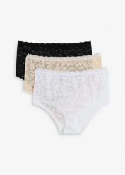 Koronkowe figi z wysokim stanem (3 pary). Czarne figi damskie bonprix, bez wzorów, z koronki. Za 79.99 zł.