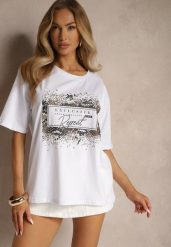 Biały T-shirt z Bawełny Zdobiony Nadrukiem z Cyrkoniami Idelunea. Białe t-shirty damskie Renee, s, z aplikacjami, z bawełny, bez kołnierzyka. Za 34.99 zł.