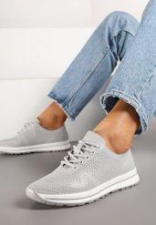 Szare Buty Sportowe ze Skóry Naturalnej ze Skórzaną Wkładką i Perforacją Selili. Szare buty sportowe na co dzień damskie Born2be, bez wzorów, z jeansu. Za 159.99 zł.
