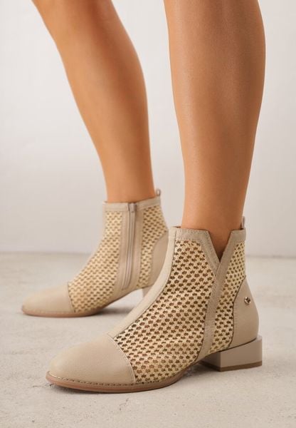 Beżowe Plecione Botki z Wkładką ze Skóry Naturalnej Nadelle. Brązowe botki damskie Renee, z jeansu, boho, bez obcasa, na płaskiej podeszwie, bez zapięcia. Za 179.99 zł.