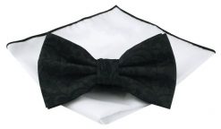 Mucha Męska z Poszetką (Zestaw) - Chattier - Czarna, Kwiatowa Faktura Materiału. Czarne krawaty i muchy męskie Chattier, bez wzorów, eleganckie. Za 59.00 zł.