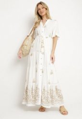 Biała Wiskozowa Sukienka Boho o Rozkloszowanym Kroju z Haftem i Wiązaniem Lilvanis. Białe sukienki damskie Born2be, na co dzień, l, bez wzorów, z jeansu, boho, bez kołnierzyka, bez ramiączek, maxi, rozkloszowane. Za 159.99 zł.