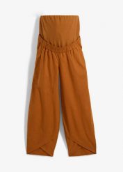 Spodnie ciążowez wywijanym pasem na brzuch, z mieszanki lnu. Brązowe spodnie materiałowe damskie bonprix, bez wzorów, z bawełny, moda ciążowa. Za 74.99 zł.