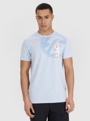 4F T-shirt regular z nadrukiem męski - niebieski M. Niebieskie t-shirty męskie 4f, m, bez wzorów, z bawełny, bez kołnierzyka. W wyprzedaży za 39.99 zł.