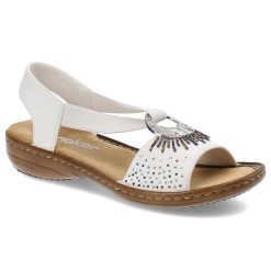 Białe Sandały Rieker Eleganckie Wsuwane Obuwie Damskie. Białe sandały damskie Rieker, bez wzorów, z materiału, bez obcasa. Za 239.00 zł.
