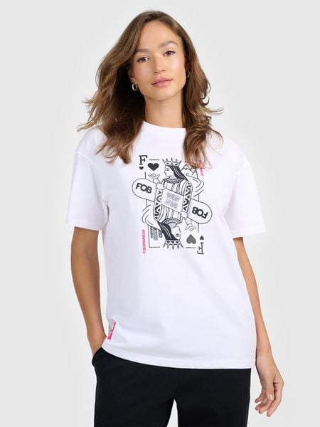 4F T-shirt loose z nadrukiem damski - biały S. Białe t-shirty damskie 4f, s, bez wzorów, z bawełny, bez kołnierzyka. Za 79.99 zł.