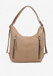 Ciemnobeżowa Torebka Hobo z Regulowanym Paskiem i Kieszeniami z Ozdobnymi Suwakami Sanirael. Brązowe shopper bag damskie Renee, bez wzorów, z jeansu, bez dodatków. Za 99.99 zł.