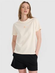 4F T-shirt oversize z nadrukiem damski - beżowy S. Brązowe t-shirty damskie 4f, l, bez wzorów, z bawełny, bez kołnierzyka. W wyprzedaży za 49.99 zł.