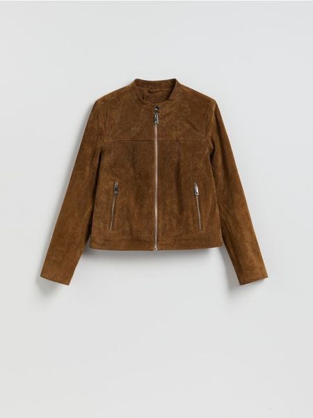 Zamszowa kurtka - brązowy. Brązowe kurtki damskie Reserved, l, bez wzorów, z zamszu, bez kaptura. Za 399.99 zł.