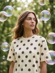 Bawełniana koszulka w kropki - kremowy. Białe t-shirty damskie Sinsay, l, bez wzorów, z bawełny, bez kołnierzyka. Za 25.99 zł.