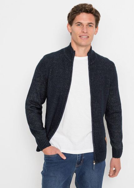 Sweter rozpinany ze stójką. Niebieskie kardigany męskie bonprix, m, bez wzorów, bez kołnierzyka. Za 144.99 zł.