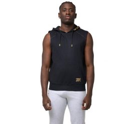 Bluza z kaptur na co dzień na siłownię. Czarne bluzy sportowe męskie LEONE 1947 APPAREL, bez wzorów, z bawełny, sportowe, bez kołnierzyka, bez ramiączek. Za 109.46 zł.