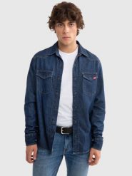 Koszula męska jeansowa granatowa Chuck 761. Niebieskie koszule męskie Big Star, l, bez wzorów, z denimu, bez kołnierzyka, bez ramiączek. Za 279.99 zł.
