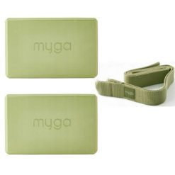 Zestaw do jogi Myga – klocek Foam Block + pasek 2 w 1. Zielone paski męskie Myga, bez wzorów. W wyprzedaży za 59.99 zł.