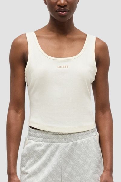 GUESS Kremowy damski tank top Circe, Rozmiar L. Brązowe topy damskie Guess, l, z aplikacjami, prążkowane, bez kołnierzyka. W wyprzedaży za 179.99 zł.