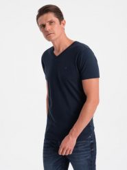 Sygnowany t-shirt męski V-neck z elastanem – granatowy V2 - Rozmiar: XL. Niebieskie t-shirty męskie Ombre Clothing, m, bez wzorów, z bawełny, bez kołnierzyka. W wyprzedaży za 52.50 zł.