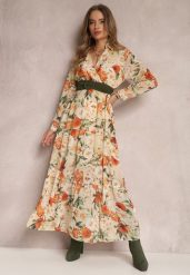 Jasnobeżowa Sukienka z Paskiem i Gumką w Pasie Hahonu. Brązowe sukienki damskie Renee, m, bez wzorów, z zamszu, boho, bez kołnierzyka, bez ramiączek, maxi, kopertowe. W wyprzedaży za 95.99 zł.
