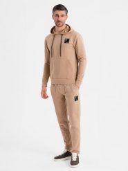 Komplet dresowy męski bluza z kapturem + spodnie dresowe - brązowy V3 - Rozmiar: S. Brązowe bluzy z kapturem męskie Ombre Clothing, m, z bawełny. Za 399.99 zł.