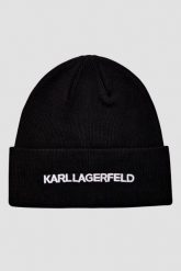 KARL LAGERFELD Czapka zimowa z haftem. Czarne czapki męskie Karl Lagerfeld, na zimę, bez wzorów, z dzianiny, eleganckie. W wyprzedaży za 259.99 zł.