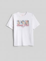 4F T-shirt loose z nadrukiem dziewczęcy - biały 122/128 (6-8 lat). Białe koszulki dziewczęce 4f, bez wzorów, z bawełny, bez ramiączek. Za 59.99 zł.