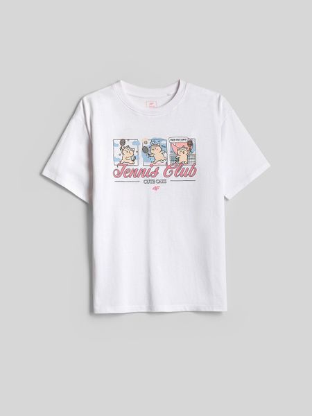 4F T-shirt loose z nadrukiem dziewczęcy - biały 134/140 (8-10 lat). Białe koszulki dziewczęce 4f, bez wzorów, z bawełny, bez ramiączek. Za 59.99 zł.